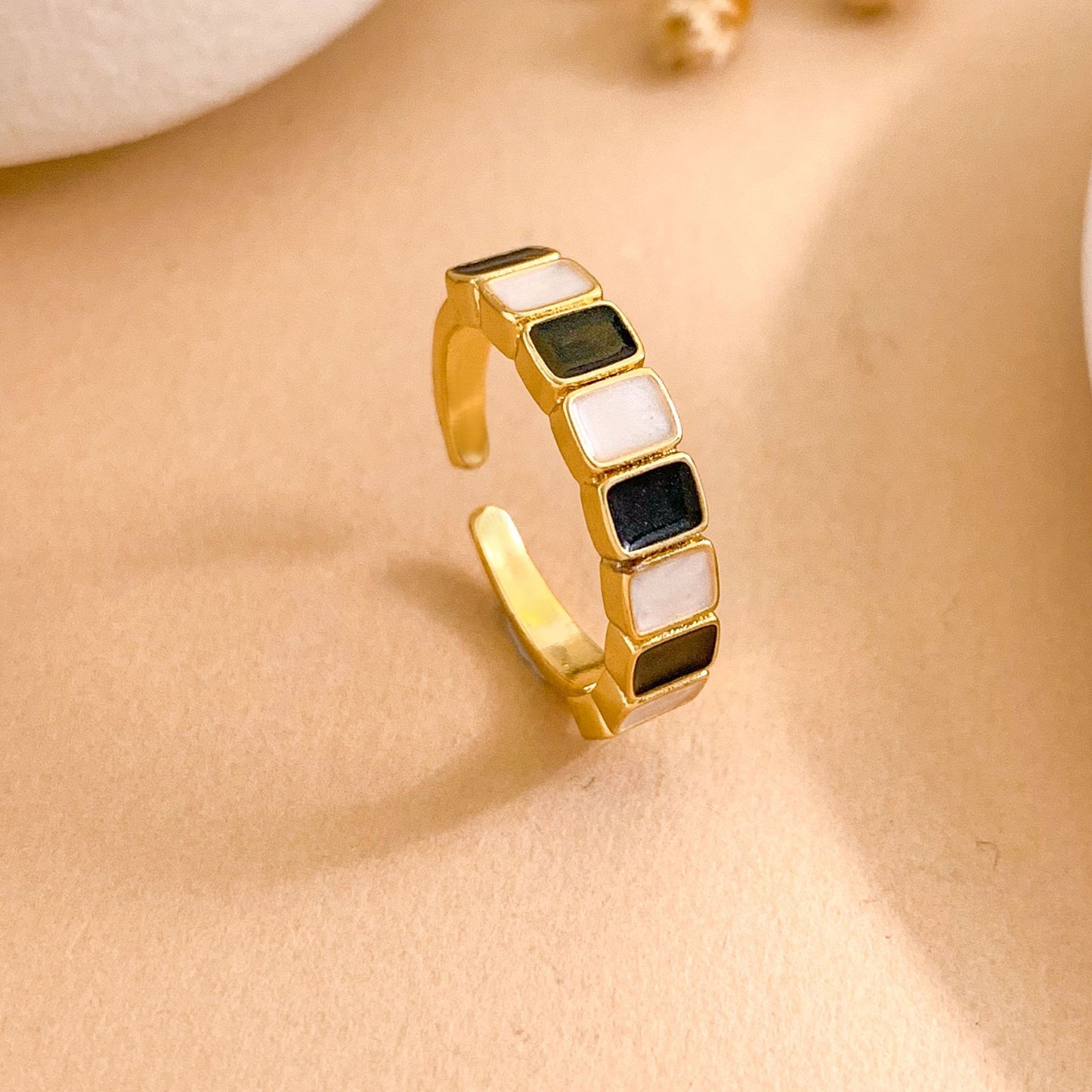 Minimalist Sweet Square Geometric Enamel Gold Plated Brass Ring for Women Adjustable