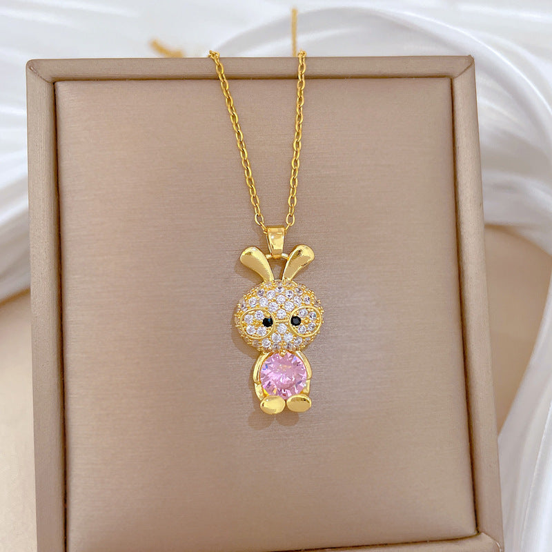 Sweet Luxury Cartoon Rabbit Geometric Rhinestone Pendant Titanium Steel Necklace for Unisex