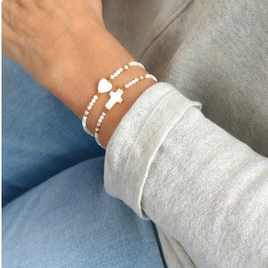 Handmade Shell Pearl Cross Heart Bracelet Set Stainless Steel Geometric Beach Jewelry