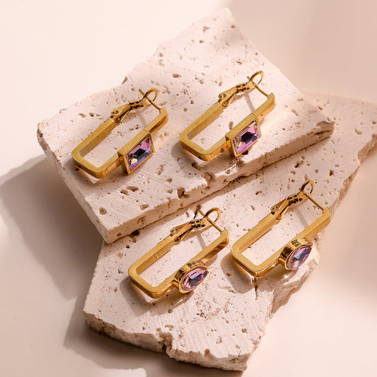 Minimalist Geometric Titanium Steel Earrings for Women with Rhinestone Inlay and Gold Plating
