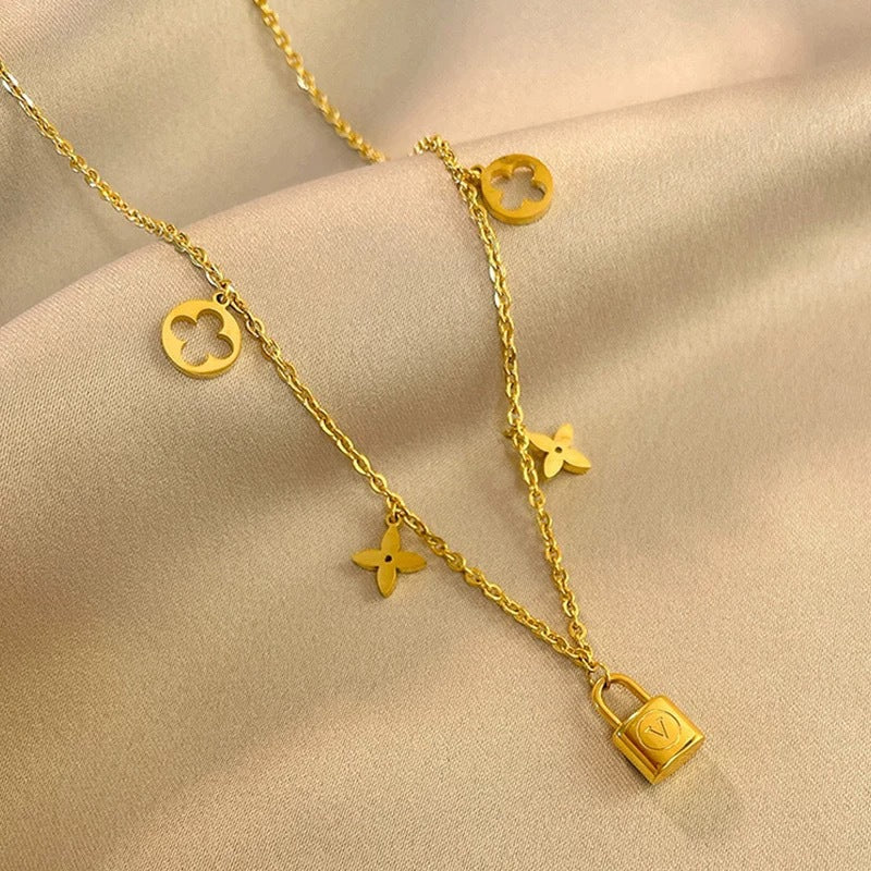 Minimalist Titanium Steel Geometric Lock Pendant Necklace for Women
