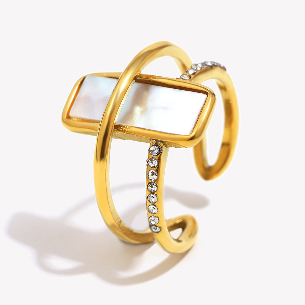 Minimalist Geometric Stainless Steel Ring with 18K Gold Plating White Abalone Inlay and Rhinestone Accents for Women
