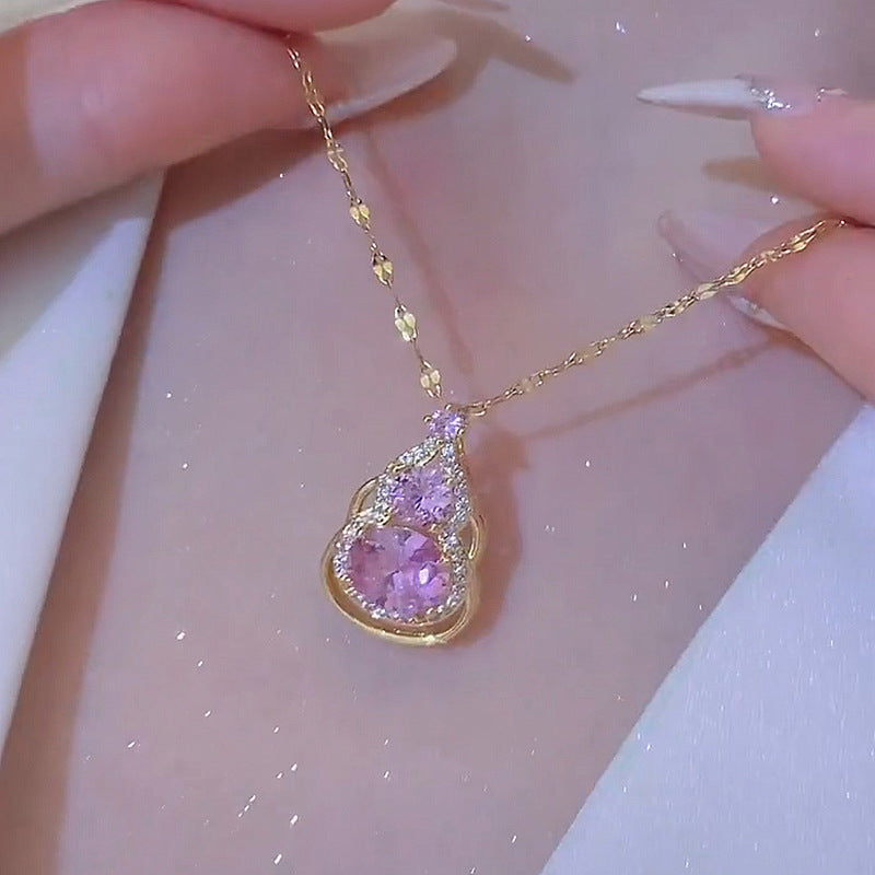 Minimalist Pink Crystal Gourd Pendant Necklace in Titanium Steel with Gold Plating on O-Chain for Women and Unisex Wear