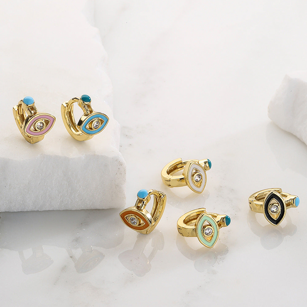 Minimalist Geometric Copper Earrings with 18K Gold Plating and Enamel-Finished Zirconia Eye Accents for Women
