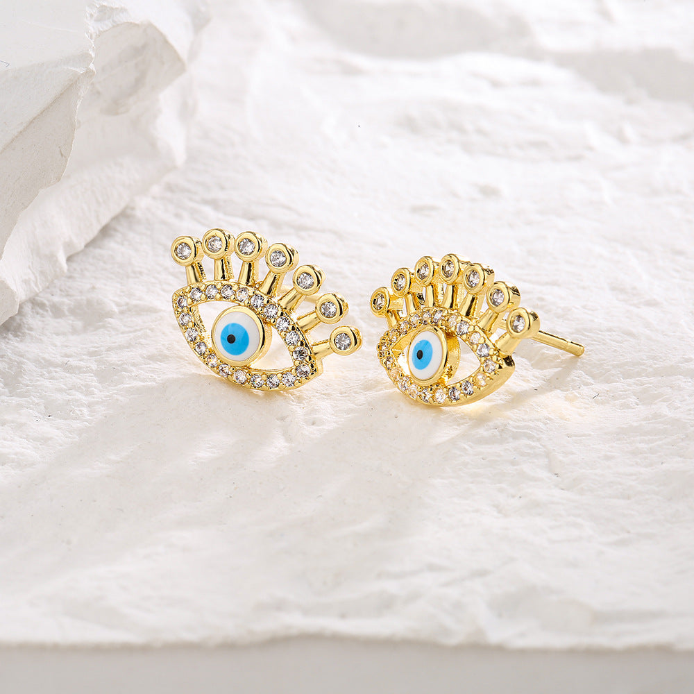 Minimalist Geometric Demon Eye Stud Earrings for Women in Copper with Enamel Finish