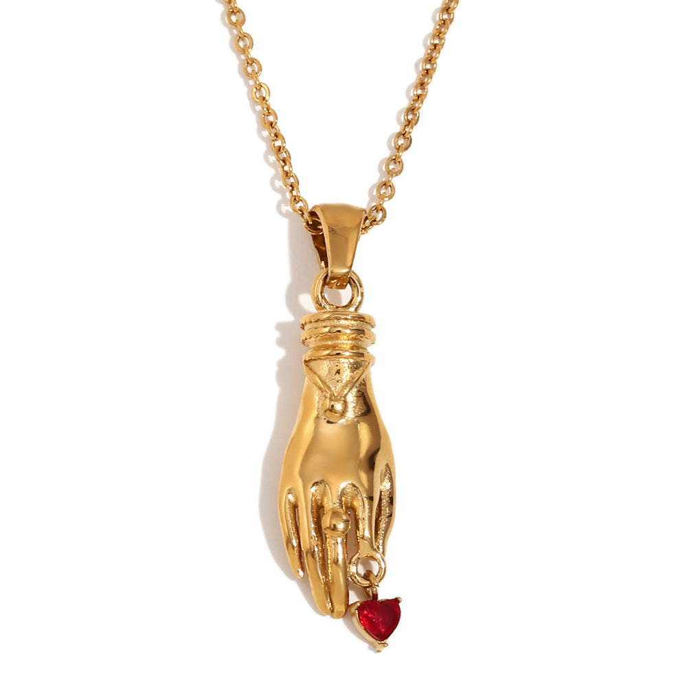Collana con pendente geometrico vintage da donna in acciaio inossidabile con placcatura in oro 18K e singolo strass rosso