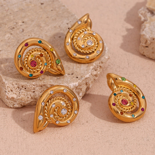 Aretes con forma de caparazón de caracol de acero inoxidable con baño de oro de 18K de inspiración vintage para mujer