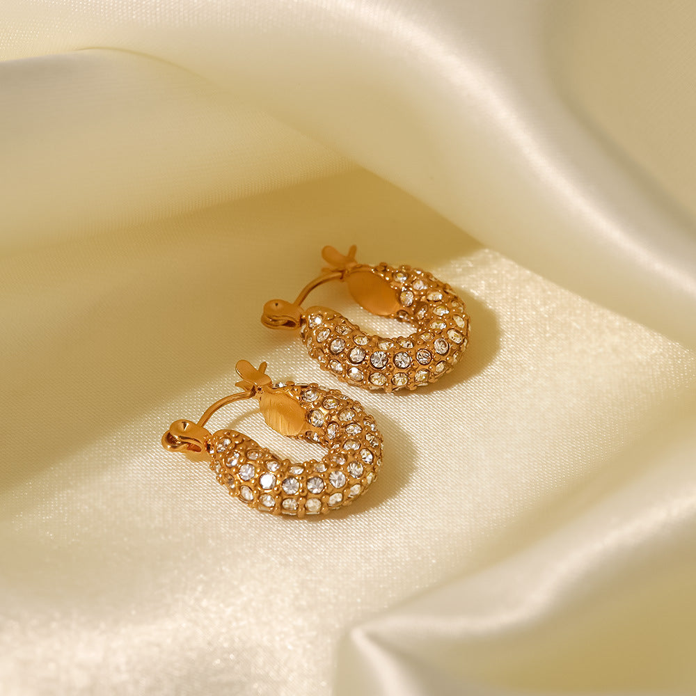 French Style Trendy 18K Gold Plated Stainless Steel Geometric Hoop Earrings with Green and White Cubic Zirconia for Women