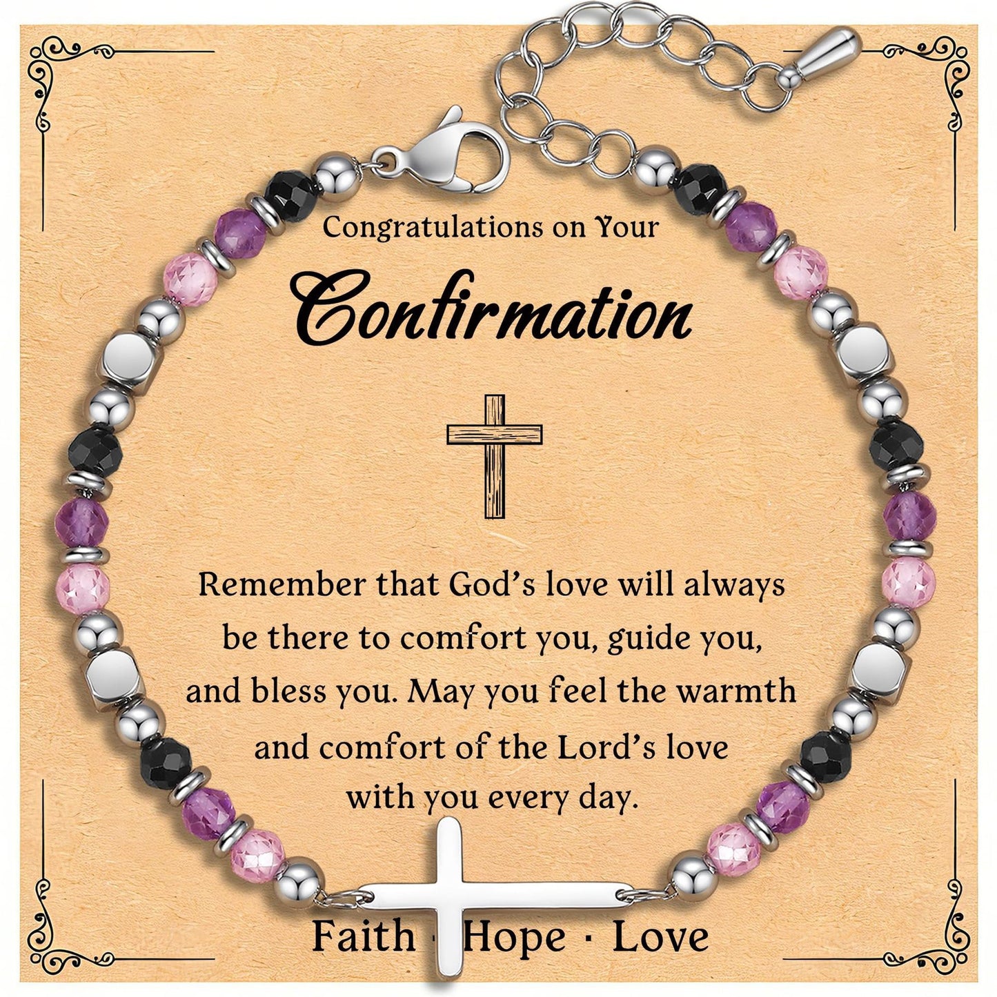 Minimalist Business Geometric Cross Stainless Steel Bracelet with Faceted Amethyst and Rose Quartz Beads Unisex Adjustable