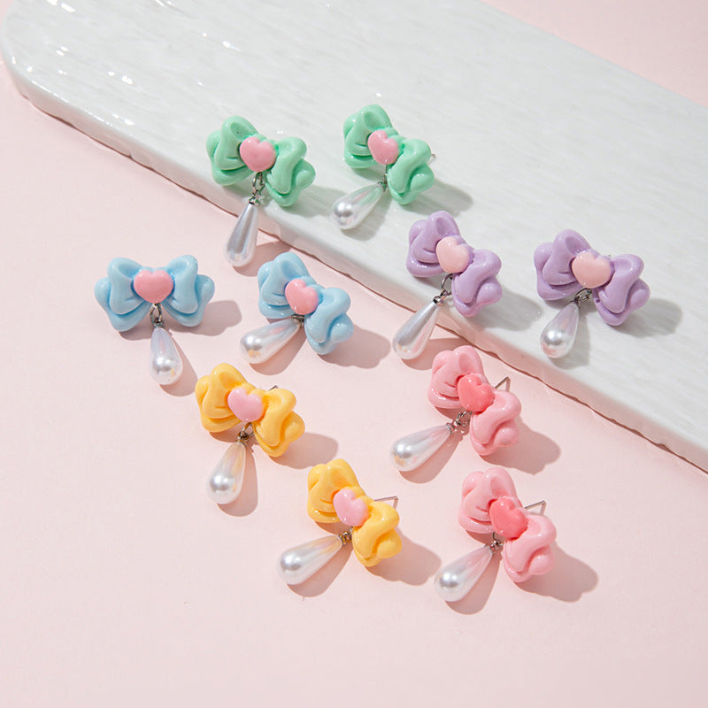 Orecchini a perno con perla a forma di fiocco, dolci e minimalisti, gioielli per bambine alla moda
