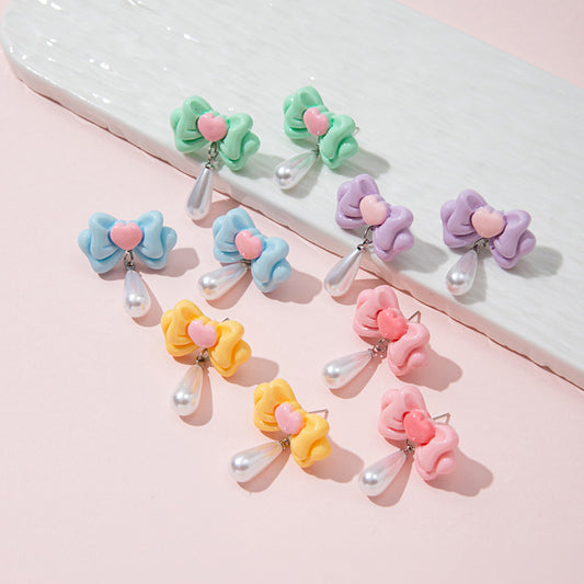 Dulces Pendientes de Perlas con Forma de Lazo para Niñas Joyería de Oreja Minimalista Infantil