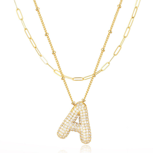 18K Gold Plated Brass Double Layer Letter Necklace Micro Pave Cubic Zirconia Serpentine Chain Women's Jewelry