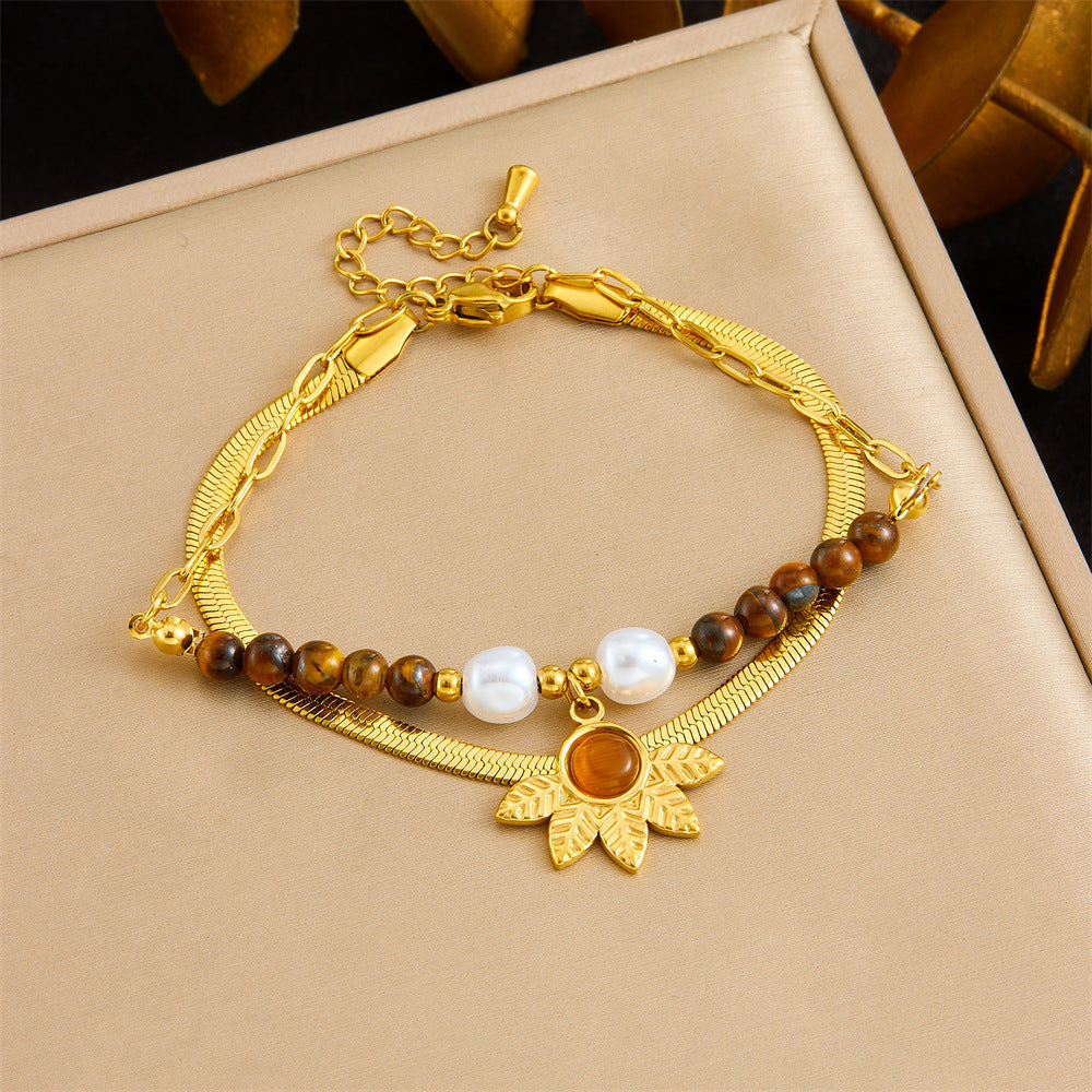 Vintage Tiger Eye Agate Beaded Double Layer Floral Stainless Steel Bracelet for Women