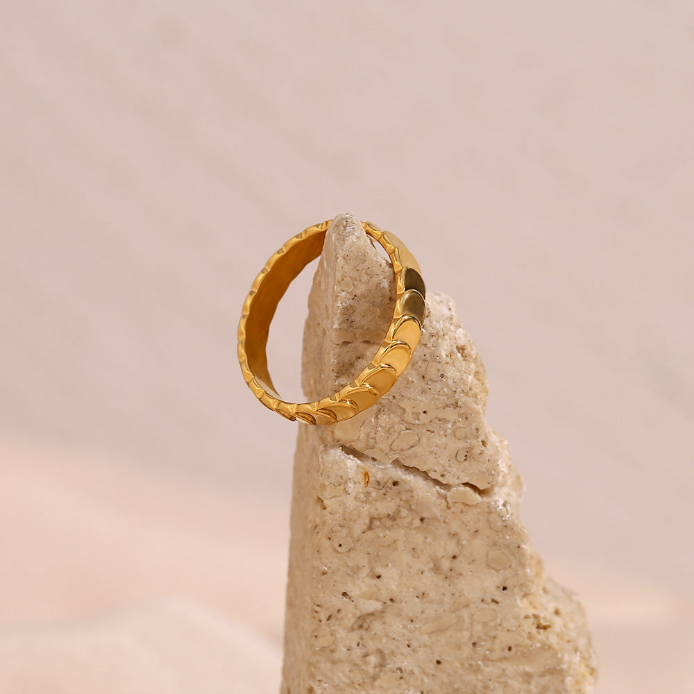 Anello da donna minimalista geometrico in acciaio inossidabile con placcatura in oro 18 carati e trama a squame di pesce