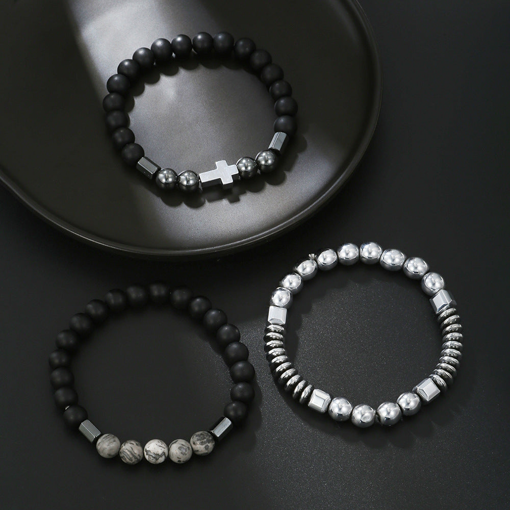 Vintage Geometric Cross Round Stone Bracelet for Men and Women