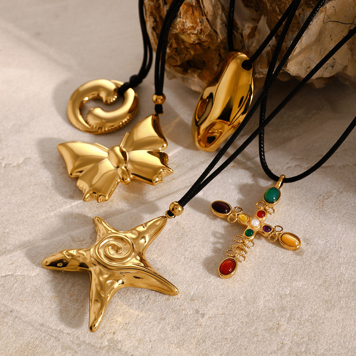 Minimalist 18K Gold Plated Stainless Steel Starfish Bow Pendant Necklace with Black Wax Cord for Women