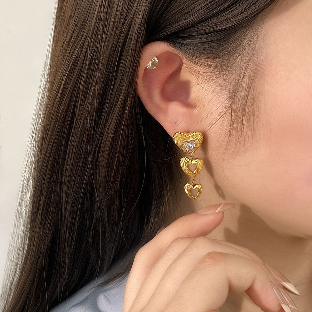 Ins Style Heart Shaped Zirconia Studded Stainless Steel Dangle Earrings with 18K Gold Plating and Textured Waterproof Finish