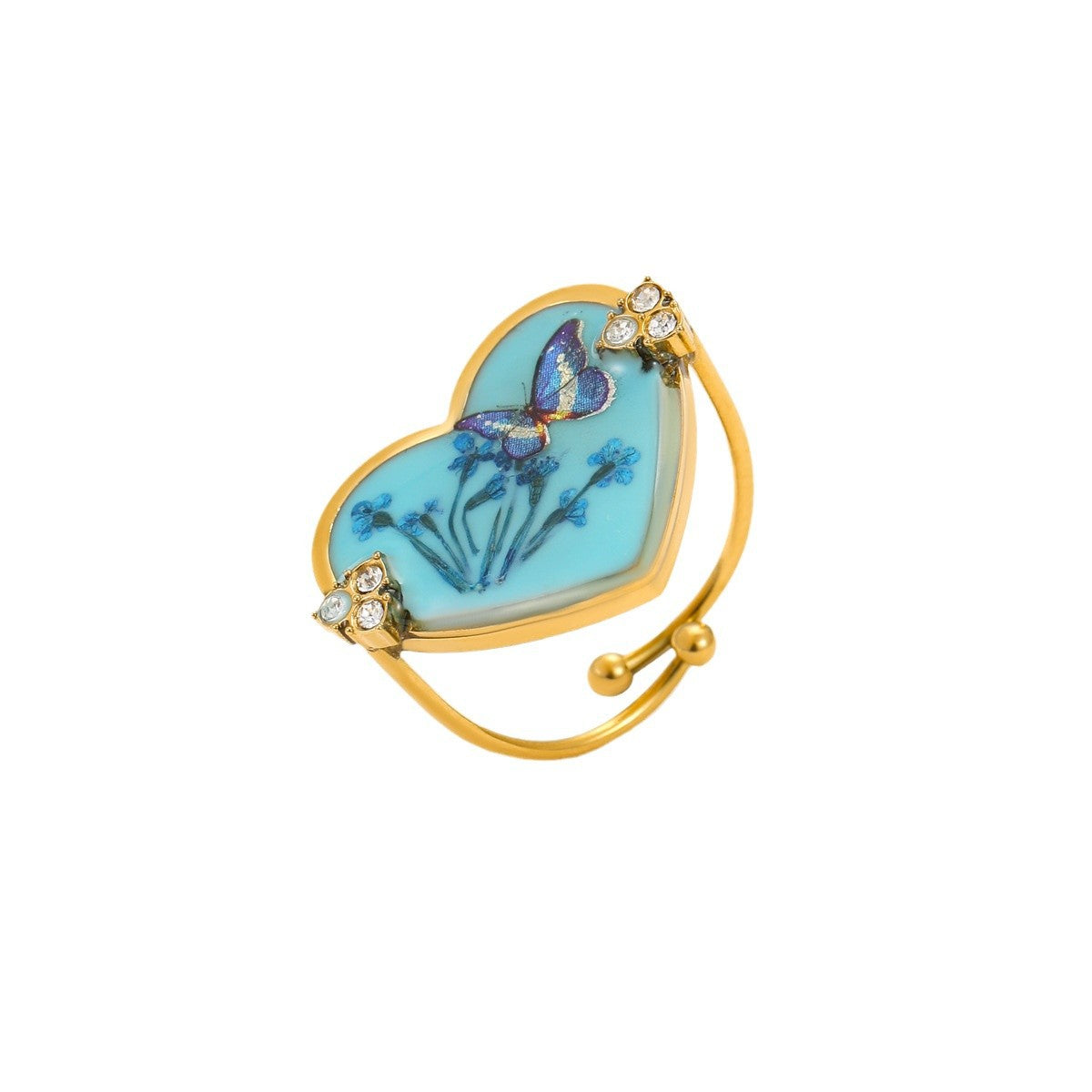 Elegante anillo de acero inoxidable con forma de corazón, lazo de resina y detalles de flores prensadas, incrustaciones de pedrería, acabado chapado para mujer