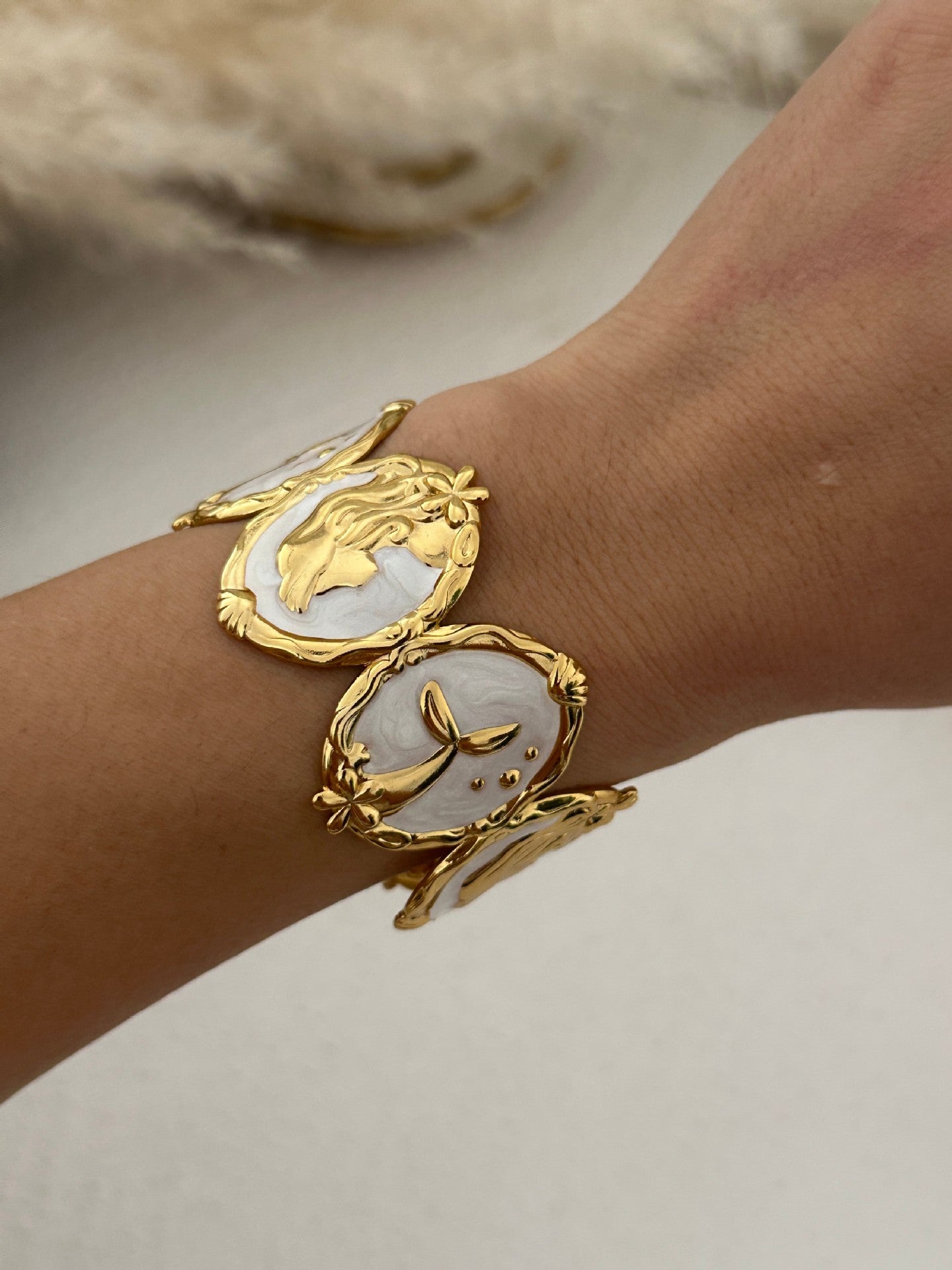 Unique Mermaid Stainless Steel Drip Oil Open Cuff Bracelet with Heart and Star Elements