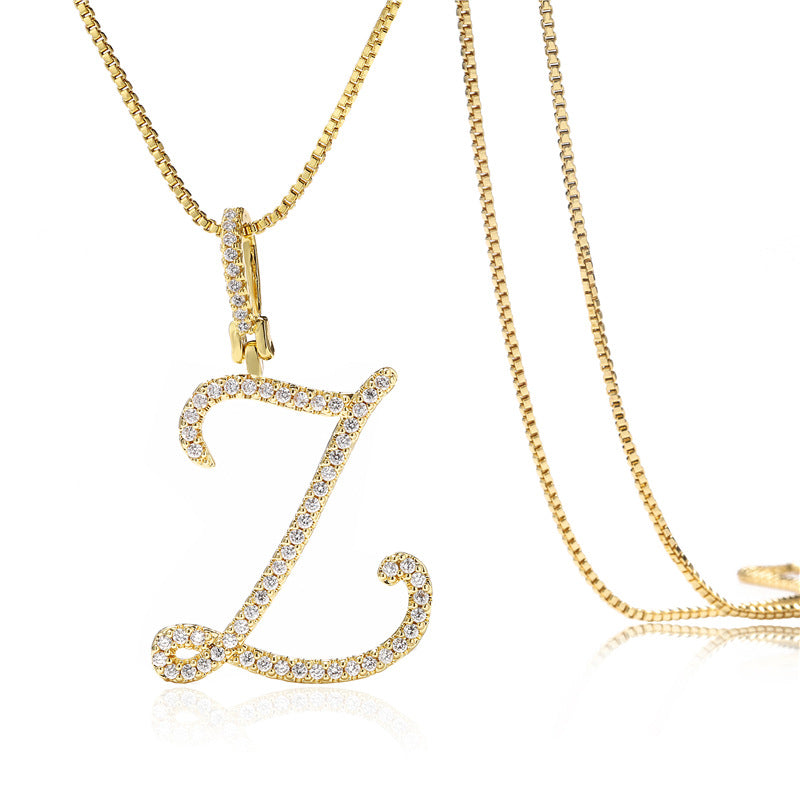 Minimalist Geometric Letter Pendant Necklace in Brass with Micro-Pavé Setting on Box Chain