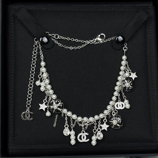 Sweet Black Enamel Floral Double C Letter Brass Pendant Necklace for Women