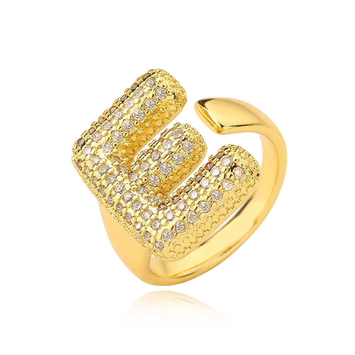 Minimalist Geometric Letter Zirconia Ring for Women in Copper with Gold Plating and Micro-Pavé Setting