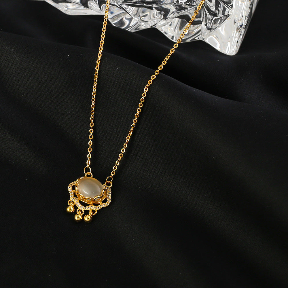 Chinese Style Cloud and Ruyi Peace Lock Pendant Necklace in Titanium Steel with Gold Plating on O-Chain for Women