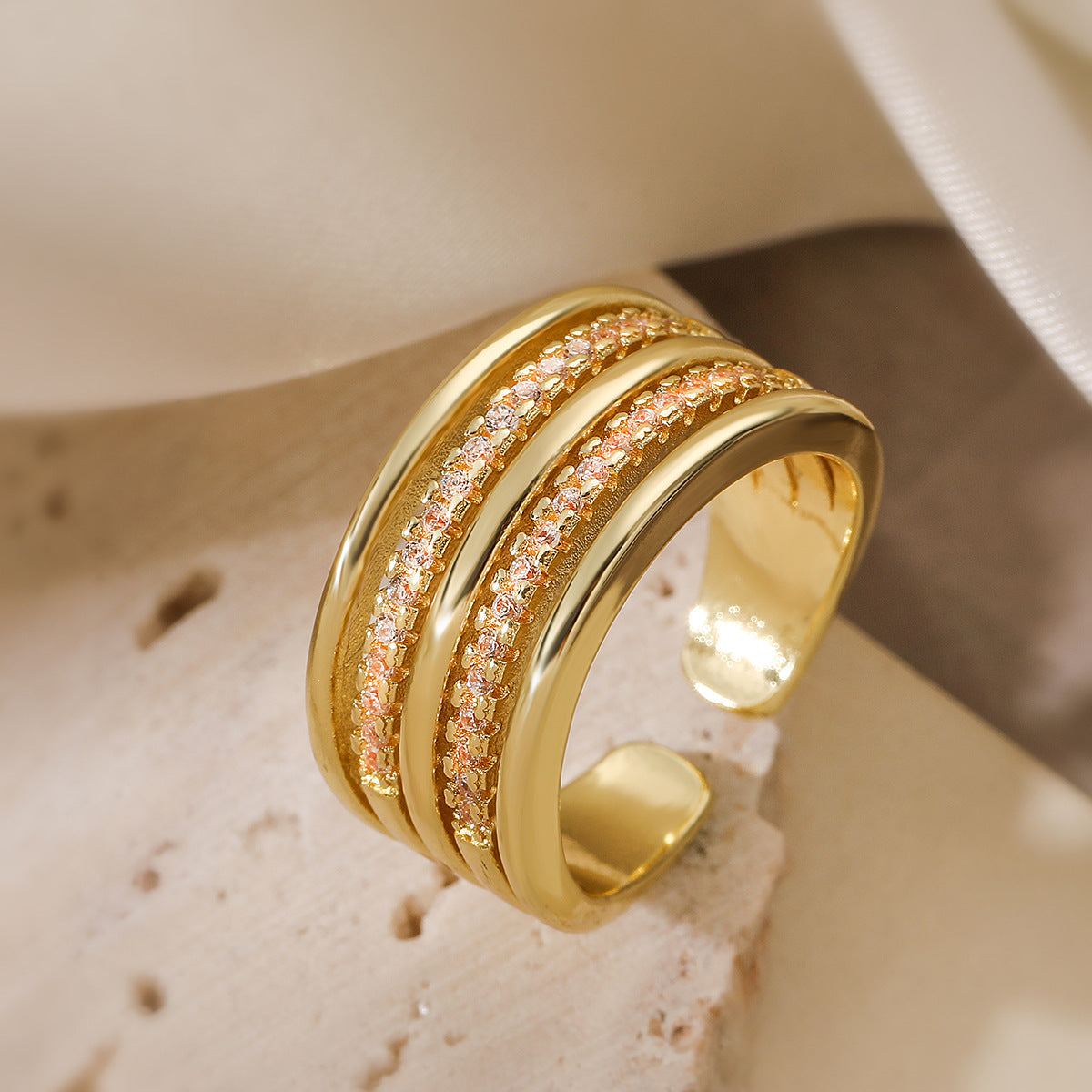 Minimalist Geometric Open Ring for Women with Micro-Paved Zirconia on Brass