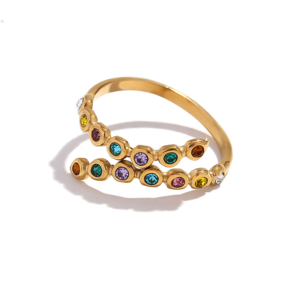 Creative Geometric Stainless Steel Ring with 18K Gold Plating and Micro-Pavé Rhinestones for Women