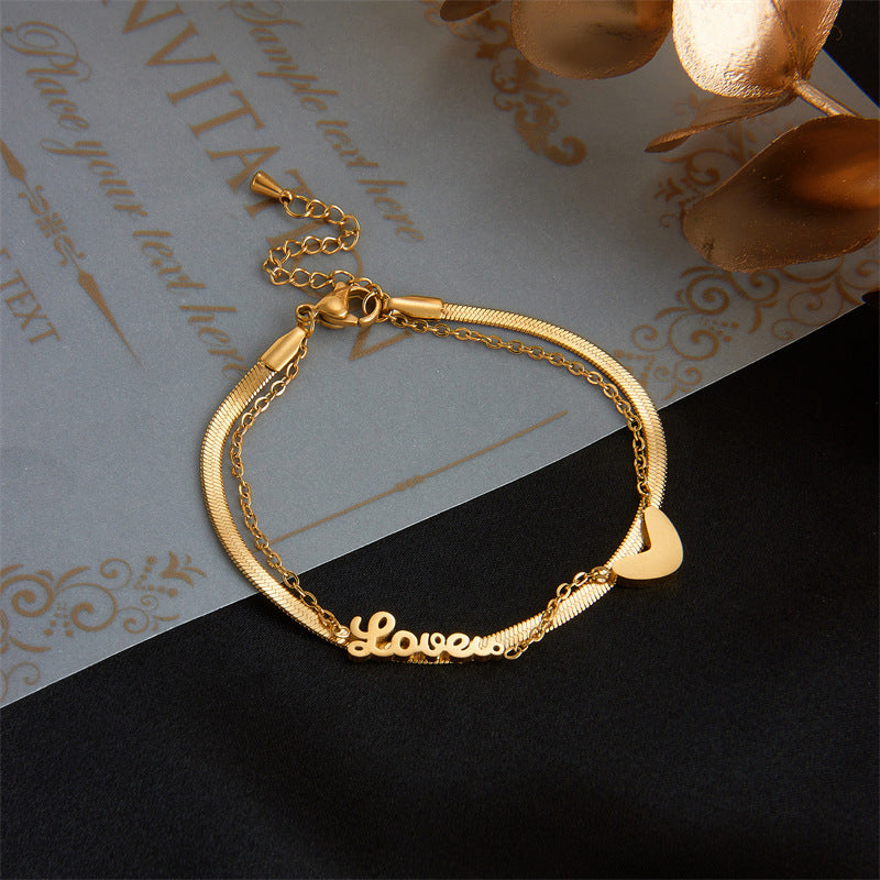 Fashionable Minimalist Double-Layer Stackable Heart-Shaped Titanium Steel Bracelet with Letter Charms and Plated Finish
