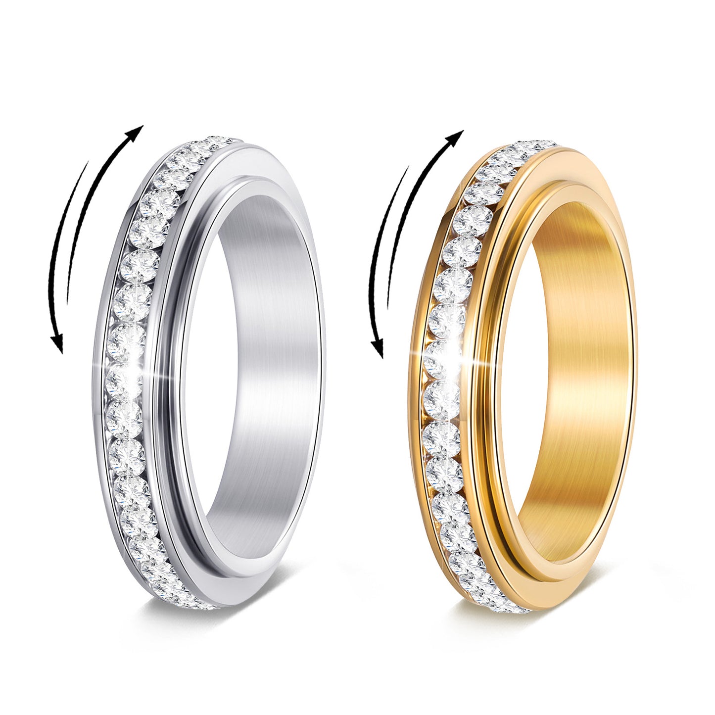 Anillo Giratorio Antiestrés Minimalista Geométrico de Acero de Titanio con Incrustaciones de Pedrería para Mujer