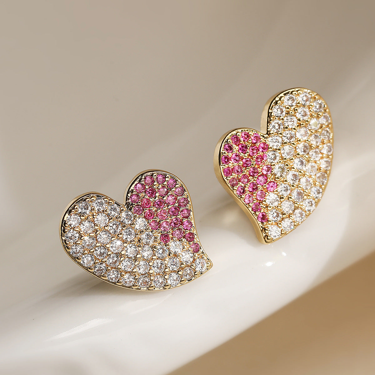 Minimalist Luxury 18K Gold Plated Brass Heart Stud Earrings with Cubic Zirconia