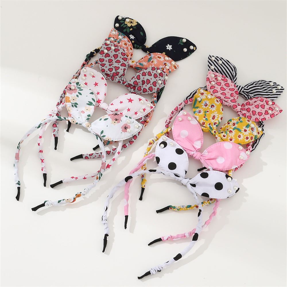 Cute Bow-Knot Rabbit Ear Headband for Kids with Pearl Accents in Fabric Material, Handmade Floral-Inspired Hair Accessory Set