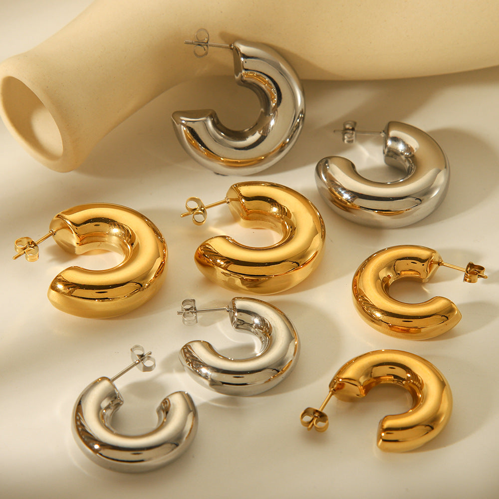 Minimalist Geometric Hollow Stainless Steel Electroplated Earrings for Women with C-Shaped Design