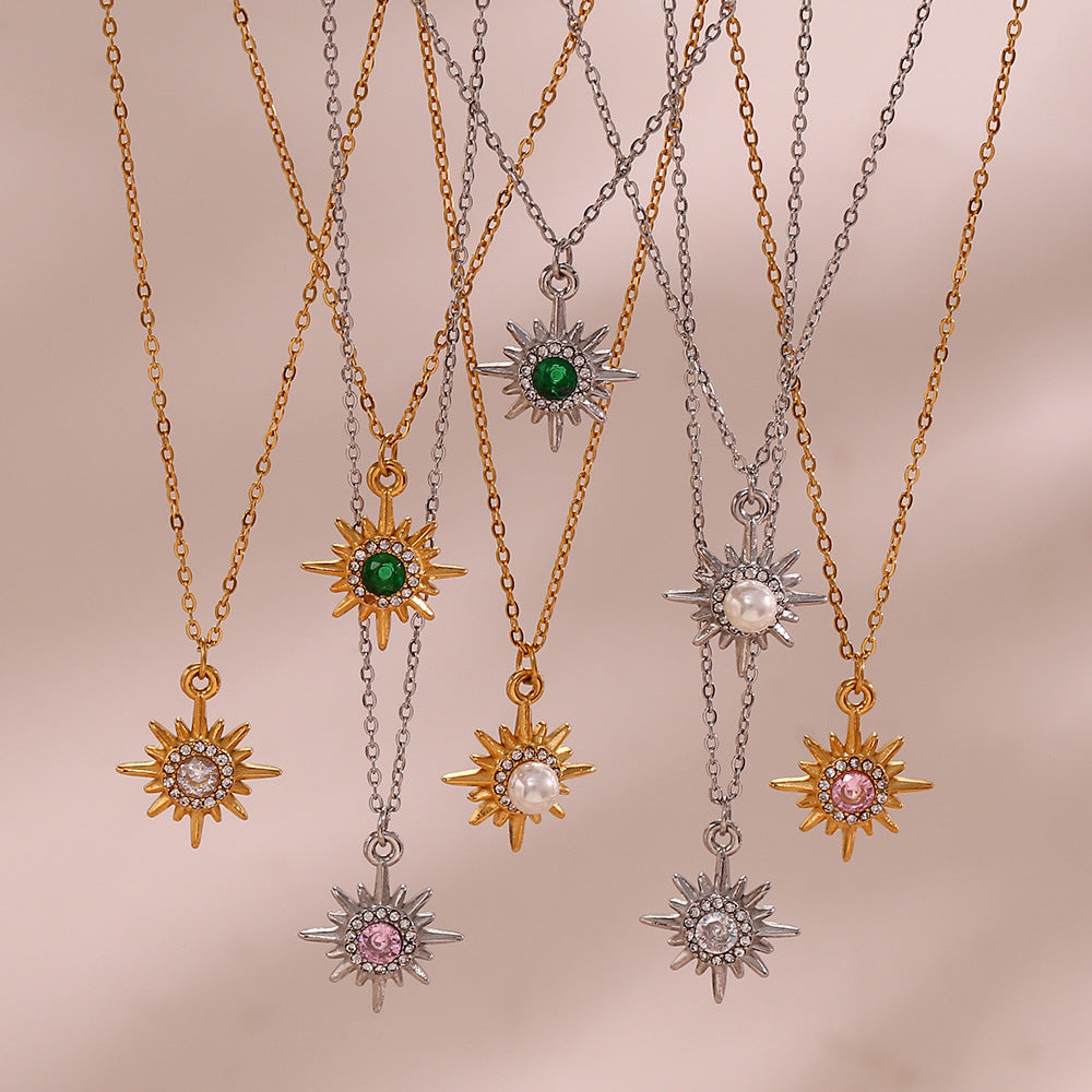 Collana con ciondolo a stella a otto punte con zirconi placcati oro 18 carati in acciaio inossidabile, stile minimalista, da donna