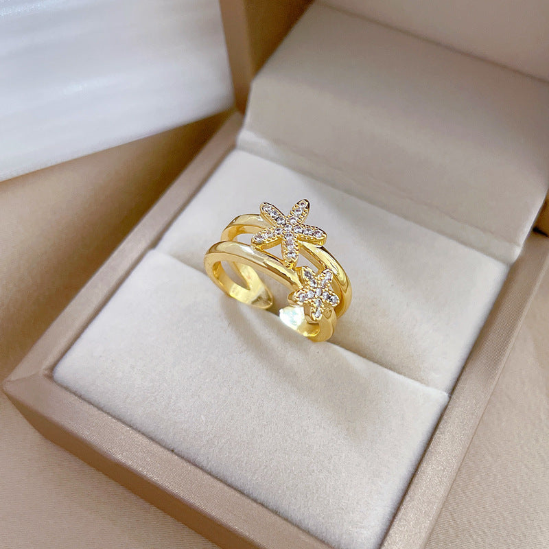 Minimalist Sweet Gold Plated Starfish Crown Micro-set Cubic Zirconia Brass Ring for Women