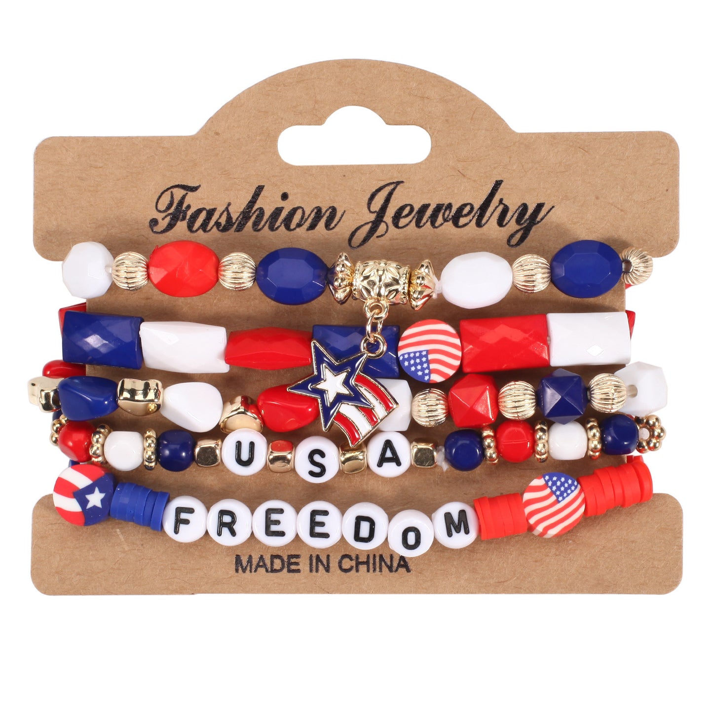 Unisex Red White Blue Resin Crystal Beaded Bracelet with Floral Pattern