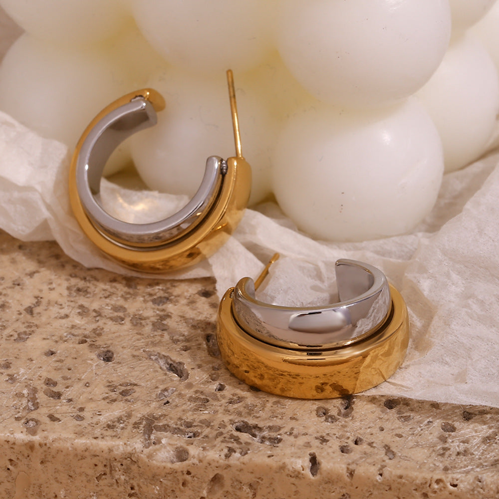 Fashion Minimalist Geometric Double Layer C-Shaped Hoop Earrings Stainless Steel 18K Gold Plated for Women