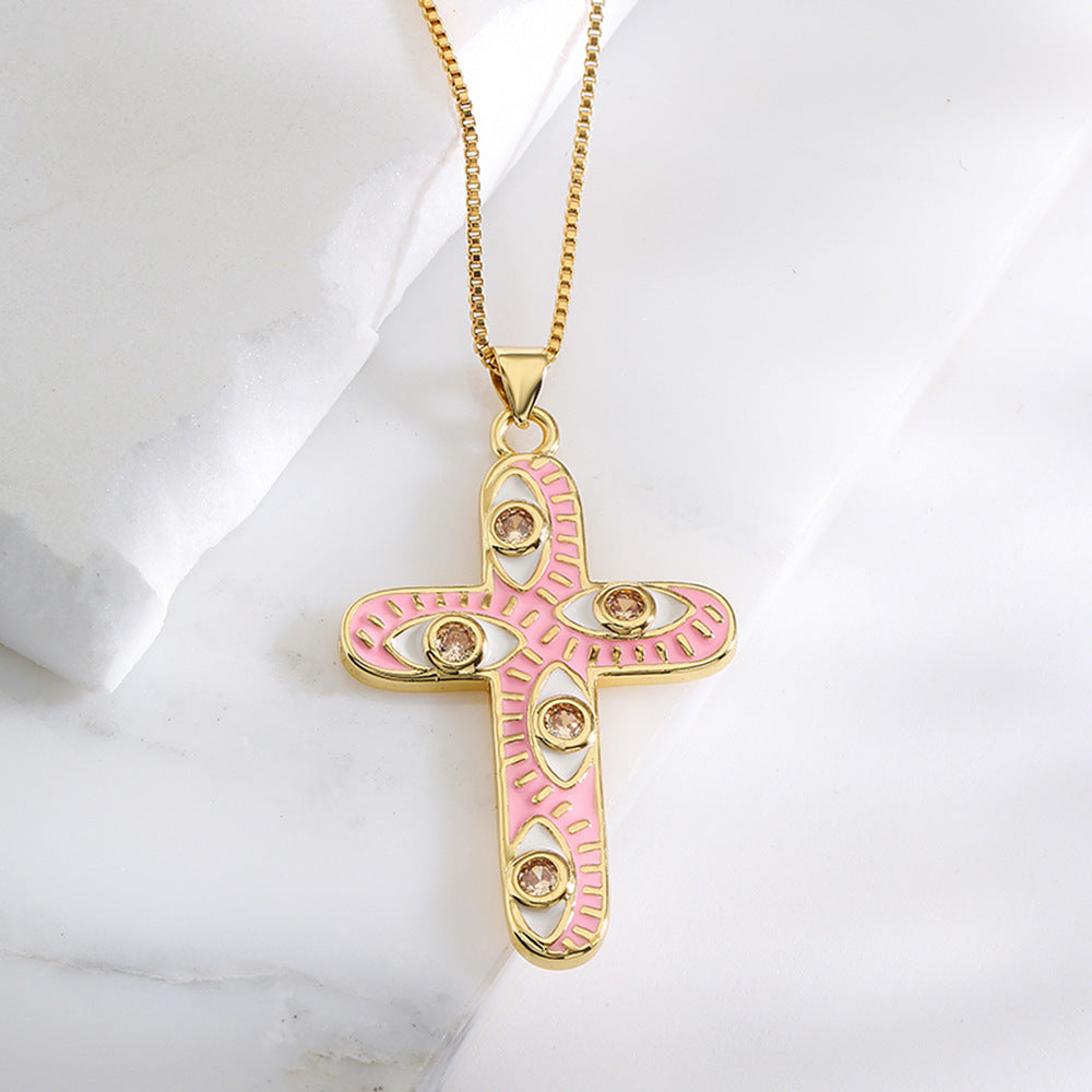 Geometric Pendant Necklace for Women with Copper Base Plated in 18K Gold and Enamel-Finished Zirconia Eye Detail