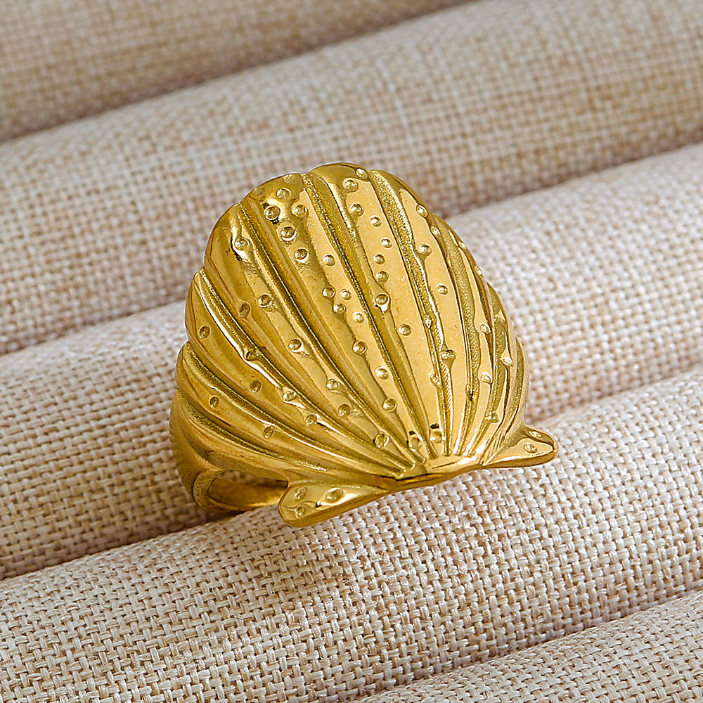 Anillo de acero de titanio con forma de U, estilo punk, chapado en oro de 18 quilates y detalles de microincrustaciones de piedra de lava ovalada
