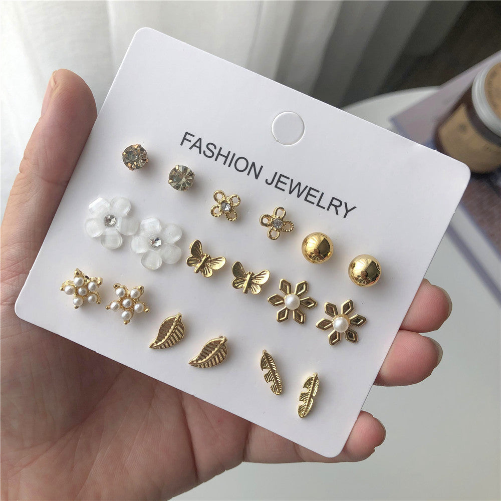 Gold Plated Stainless Steel Geometric Flower Leaf Star Butterfly Rhinestone Inlay Earrings Set with Floral Pattern