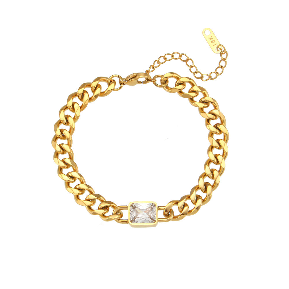 Minimalist Geometric Stainless Steel Plated 18K Gold Cuban Link Bracelet with Micro-Paved Zirconia for Women