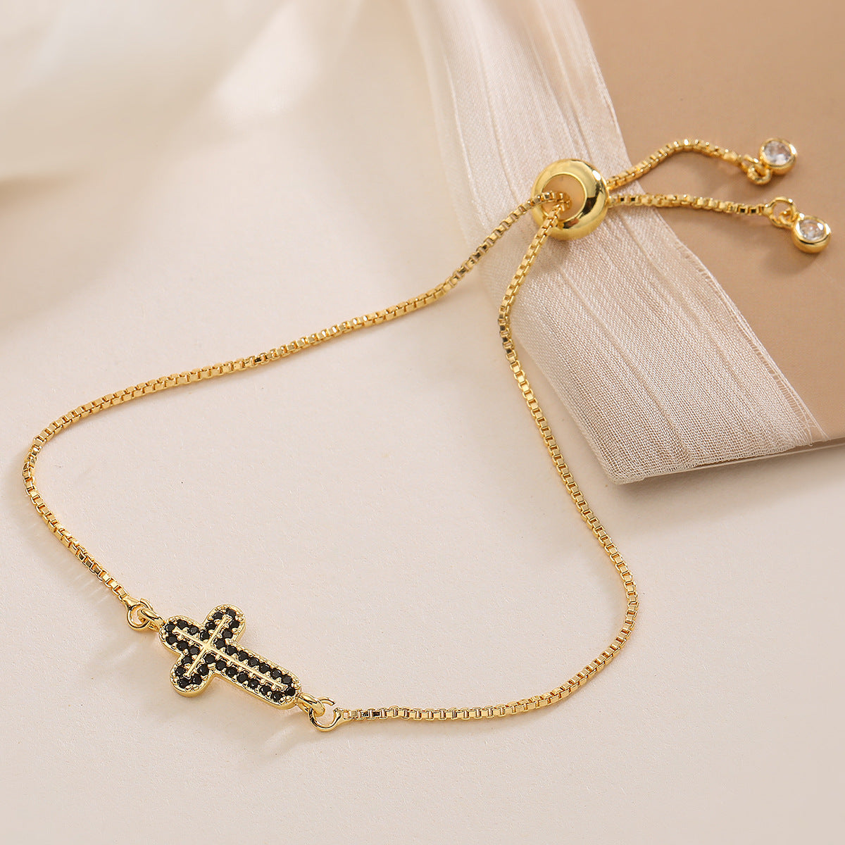 Vintage 18K Gold Plated Brass Cubic Zirconia Inlay Cross Bracelet for Women