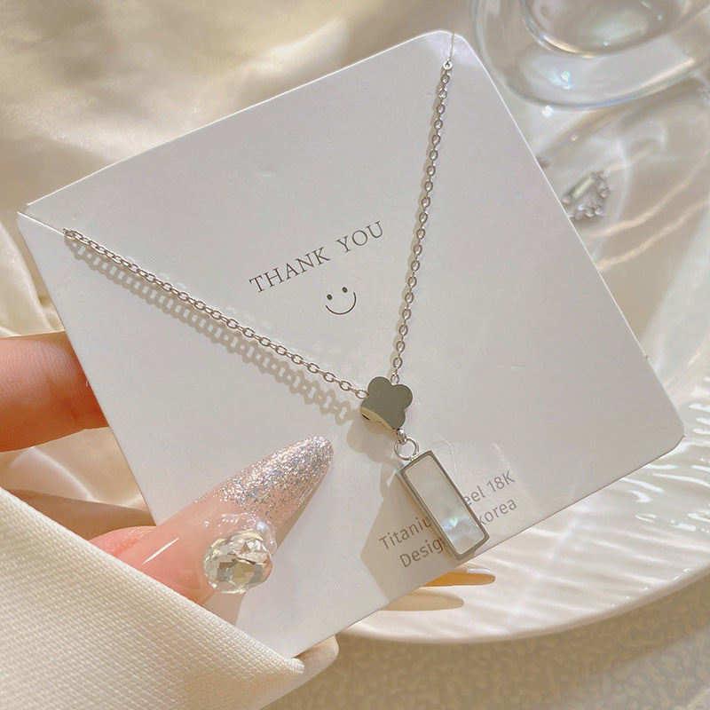 Luxury Gold Plated Titanium Steel Rectangle Four-Leaf Clover Necklace with White Shell Inlay for Unisex