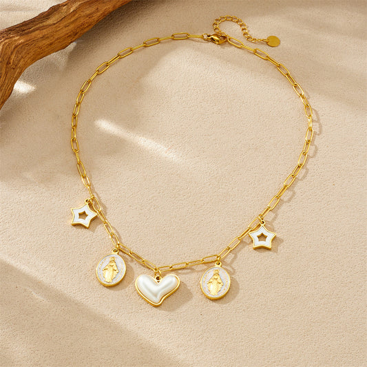 Vintage Luxury Gold Plated Stainless Steel Necklace with Round Heart Star Pearl Pendant for Women