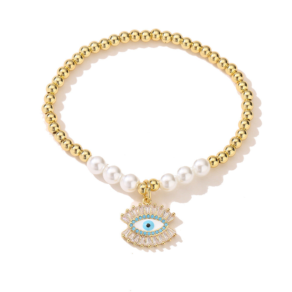 Minimalist Geometric Evil Eye Bracelet for Women with Copper Base Plated in 18K Gold and Enamel-Set Zirconia