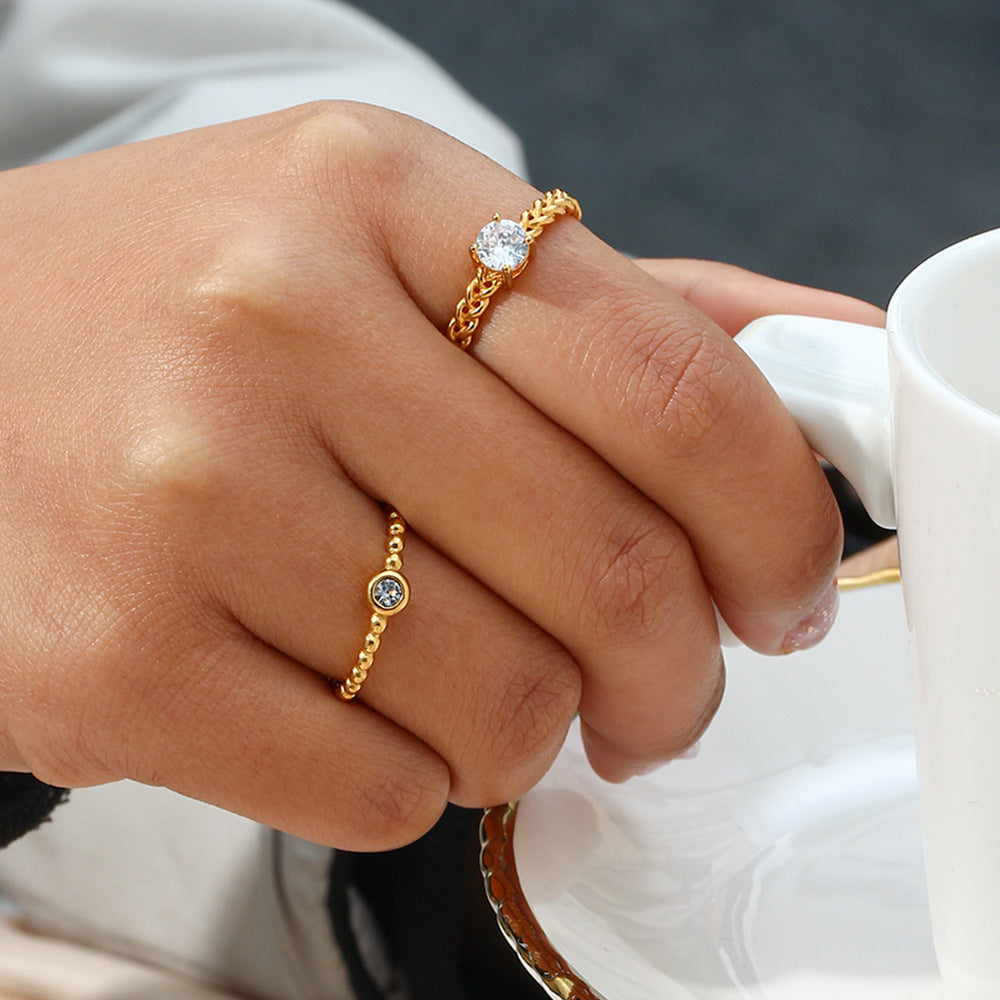Minimalist Geometric Stainless Steel Ring with 18K Gold Plating and Cubic Zirconia Bead Accent