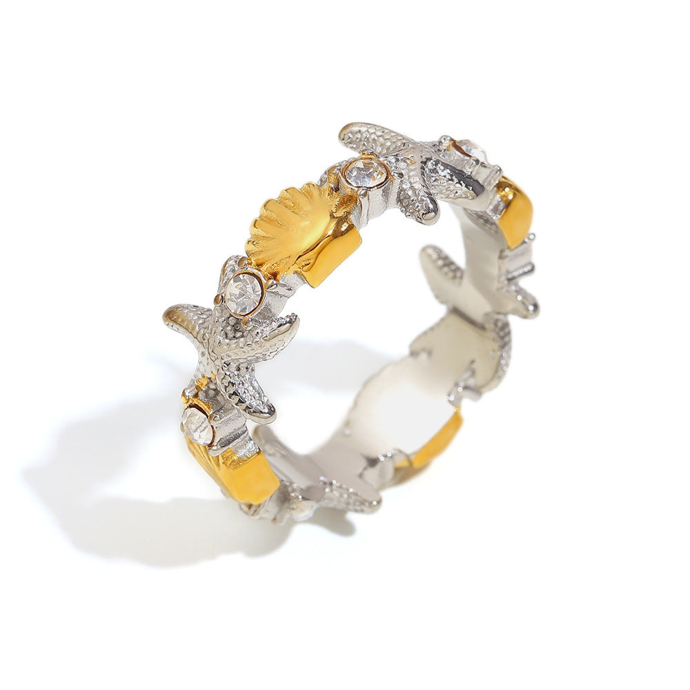 Fashionable Starfish-Shaped Stainless Steel Ring with 18K Gold Plating for Women
