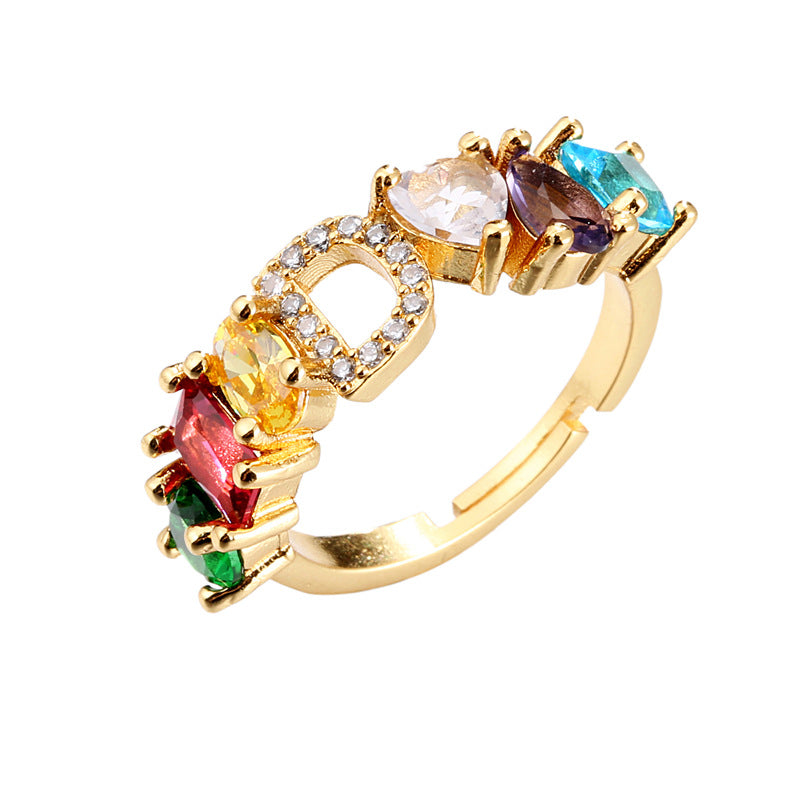 Hand-Set Cubic Zirconia Letter Open Ring Gold Plated Brass Adjustable Women