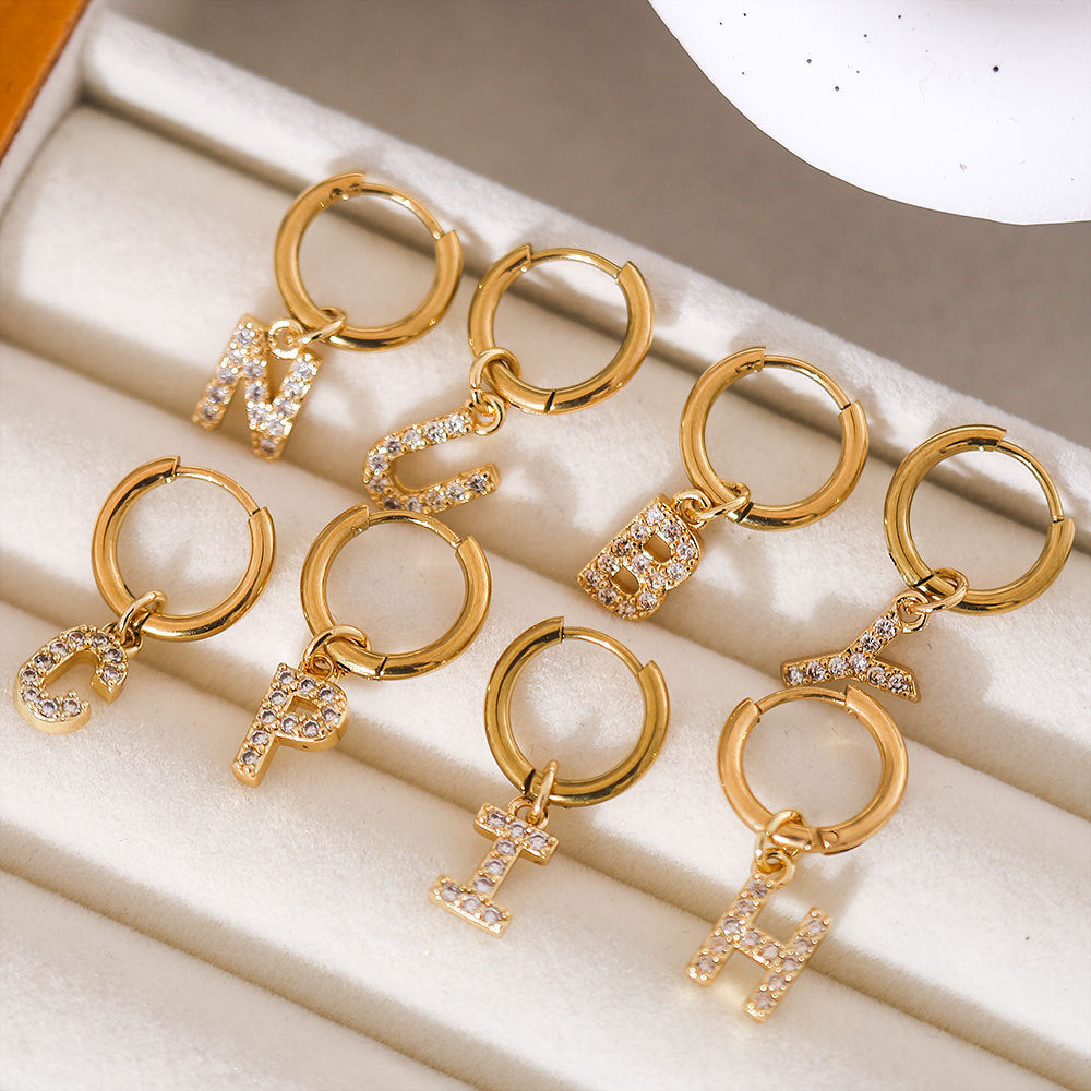 Minimalist Letter-Shaped Stainless Steel Pendant Earrings with 18K Gold Plating and Zircon Inlay